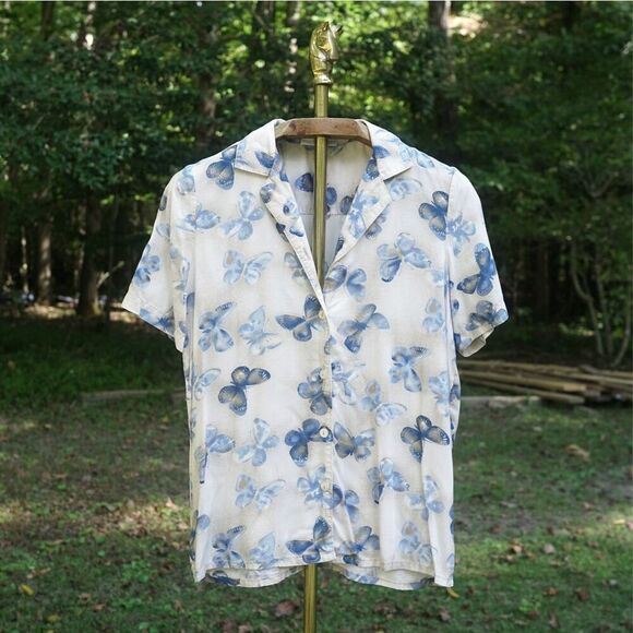 Vintage 90s Alfred Dunner Blue Butterfly Button Front Blouse - Picture 1 of 6
